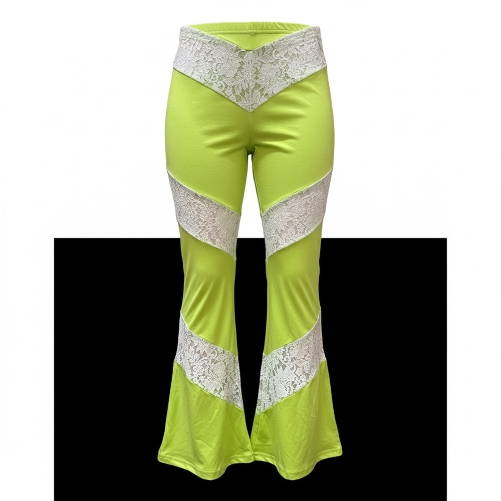 Lace-Trimmed Lime Green Flare Pants - Picture 3 of 5